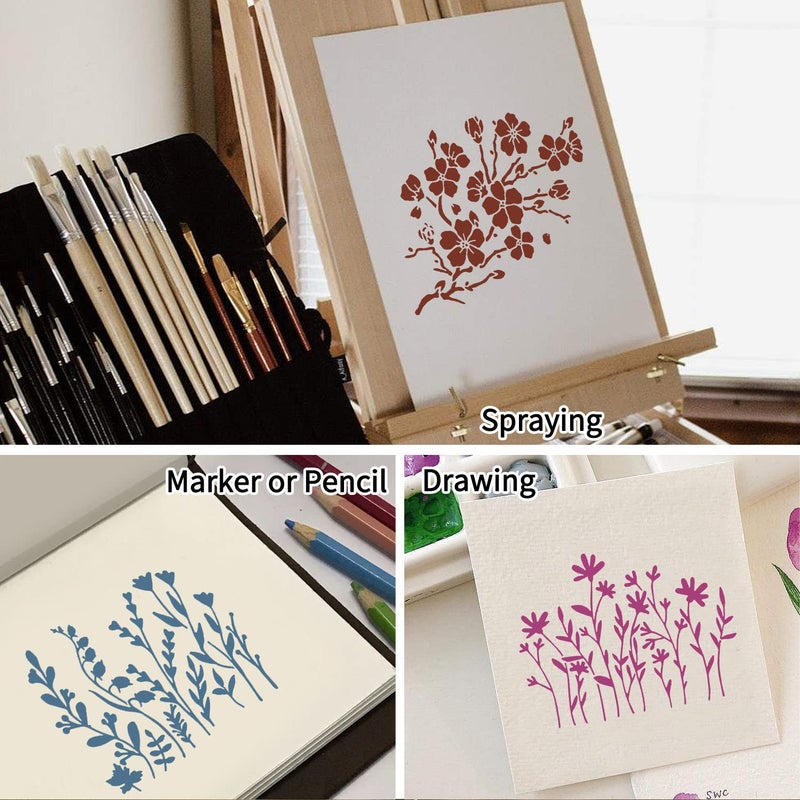 eageus 16 قطعة من استنسل الزهرة البرية للرسم استنسل صغير قابل لإعادة الاستخدام لزهرة الربيع البرية استنسل جداري استنسل قالب رسم صغير للرسم على قماش الحائط الخشبي ديكور المنزل (5x6 بوصة) - Image 3